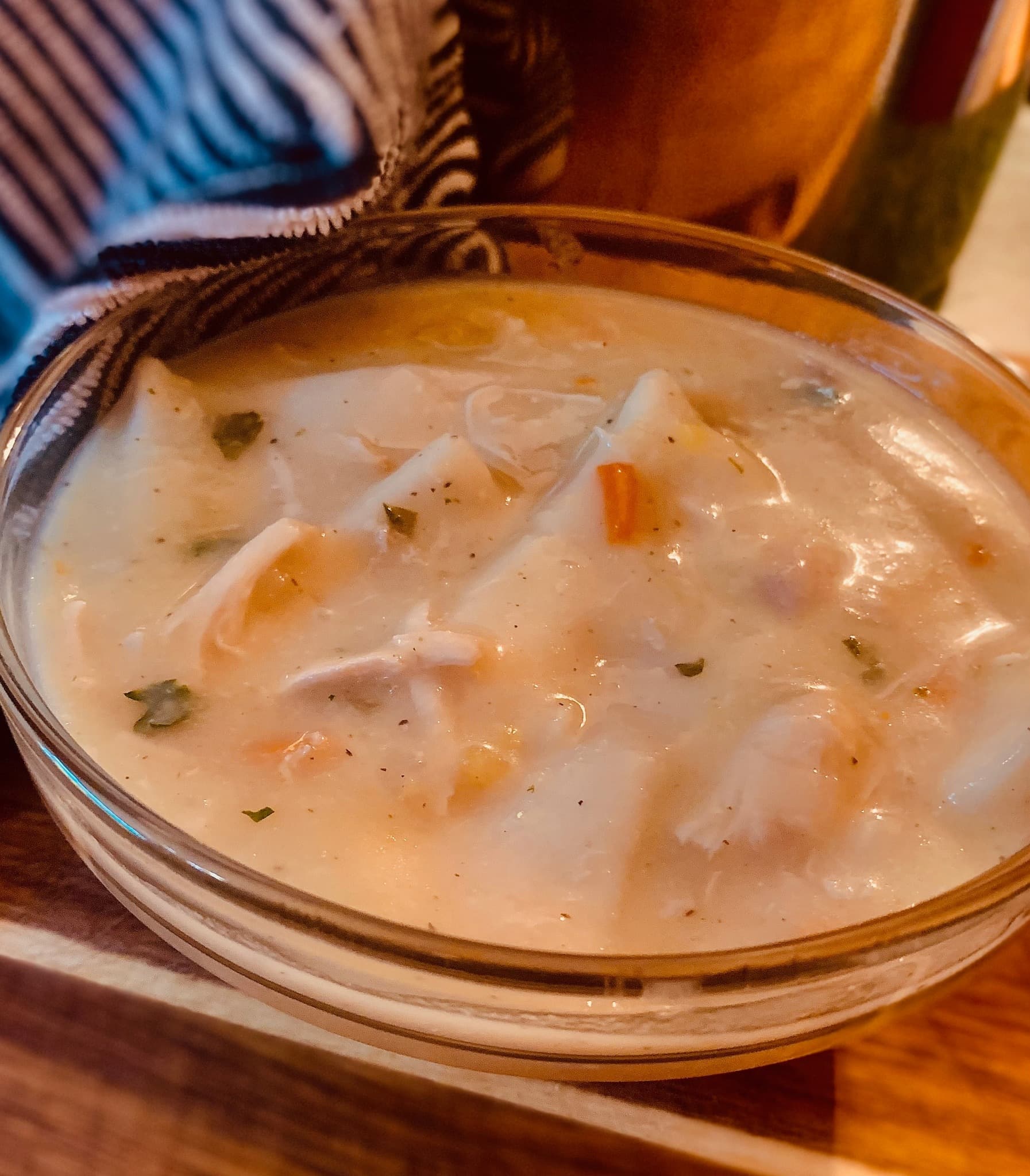 Bowl of creamy chicken and dumplings