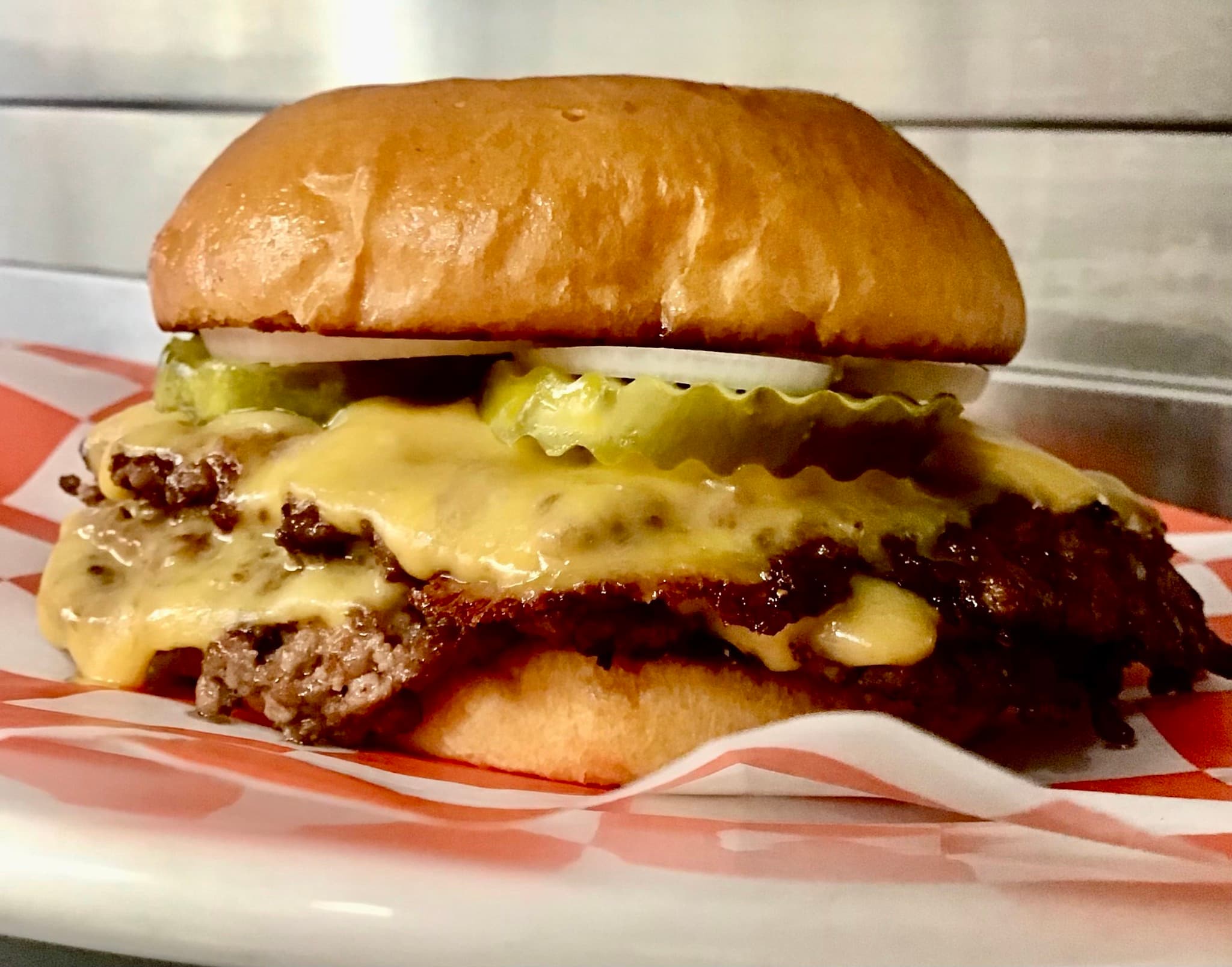 Smash burger on a brioche bun